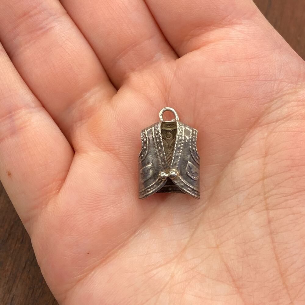 Vintage 925 Sterling Silver Cowboy Vest Western Intricate Pendant Bracelet Charm